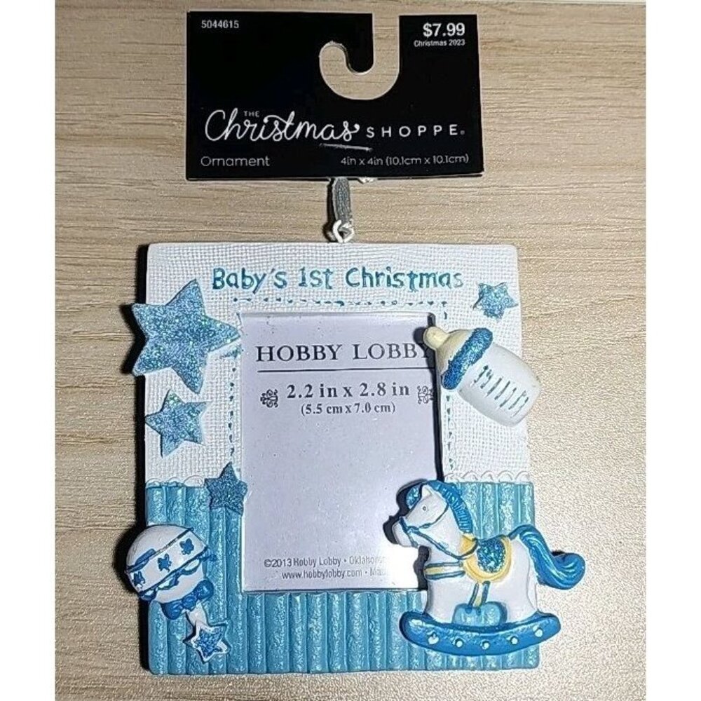 Babys Boys 1st Christmas Blue and Whte Ceramic Picture Frame Ornament NWT